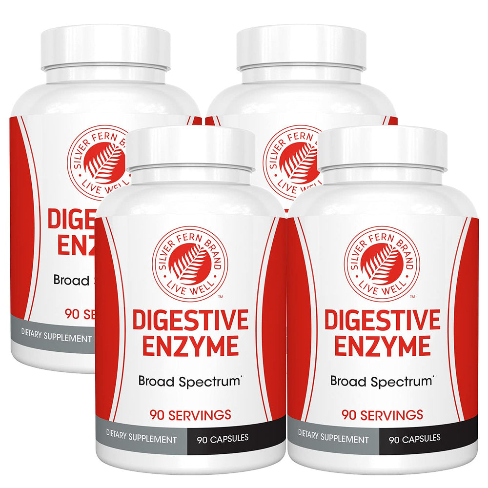Product packaging showing the Silver Fern Brand Ultimate Digestive Enzyme Supplement 4-bottle set