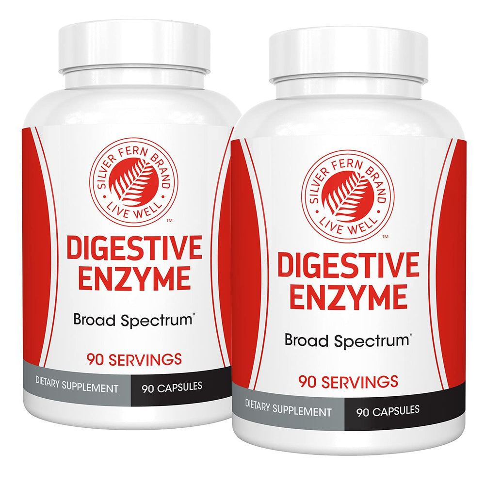 Silver Fern Brand Digestive Enzyme two-bottle packaging with 90 capsules per bottle
