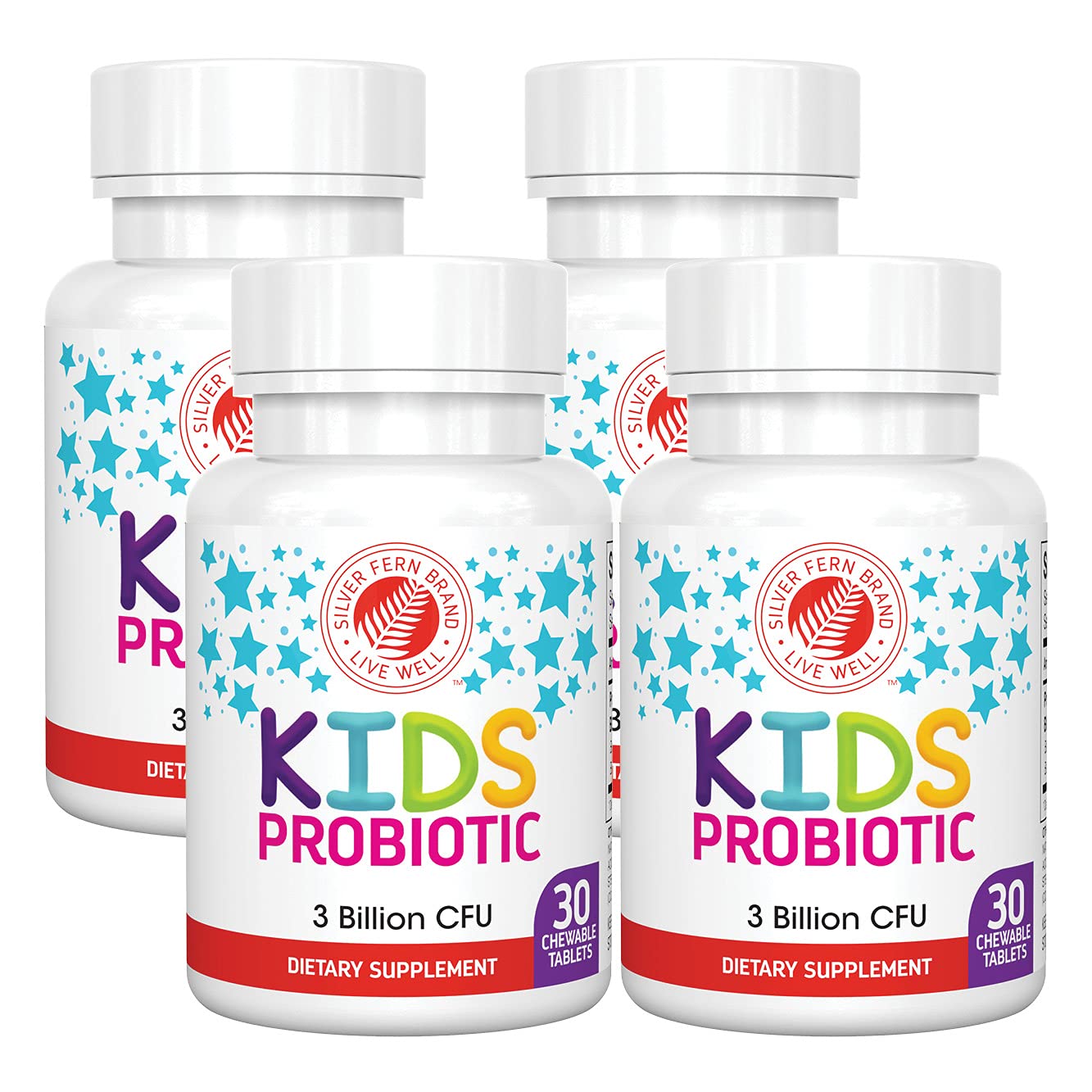Four-bottle Silver Fern Kids Ultimate Probiotic pack with 120 chewables