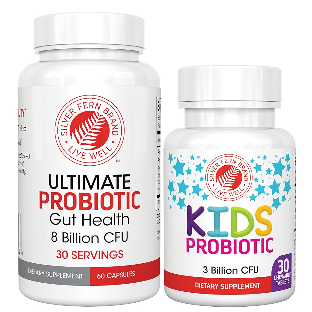 Packaging showing Silver Fern Family Probiotics adult and kids bottles