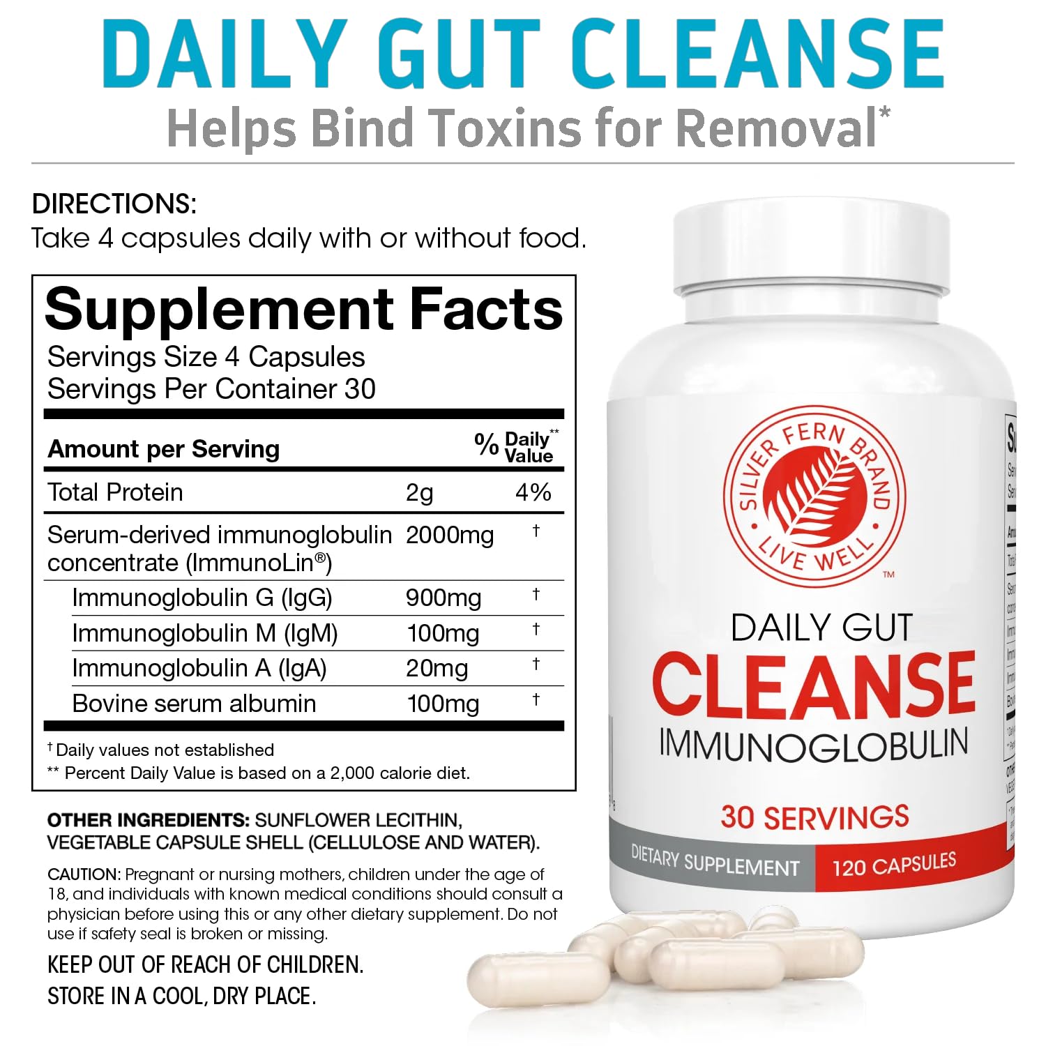 Silver Fern immunoglobulins ingredients show antibody-rich Cleanse Daily for gut conditioning.
