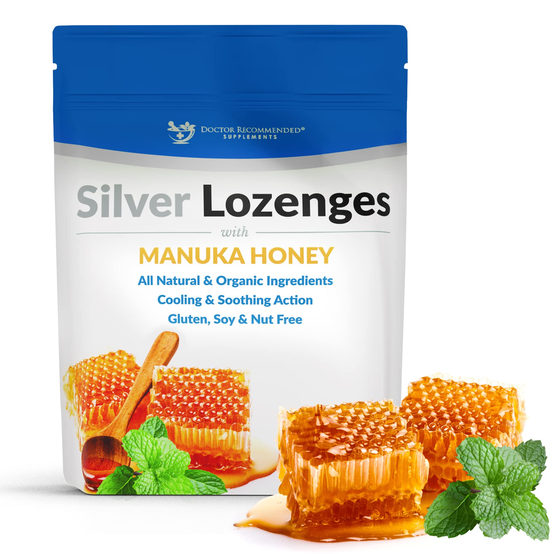 Silver lozenges in packaging with Manuka honey and mint flavor