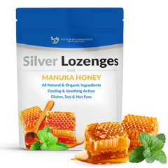Silver lozenges in packaging with Manuka honey and mint flavor