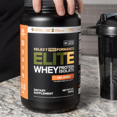 Silver Star Nutrition Select Proformance Elite Whey Isolate scoop on shaker demonstrates lactose-friendly protein option.