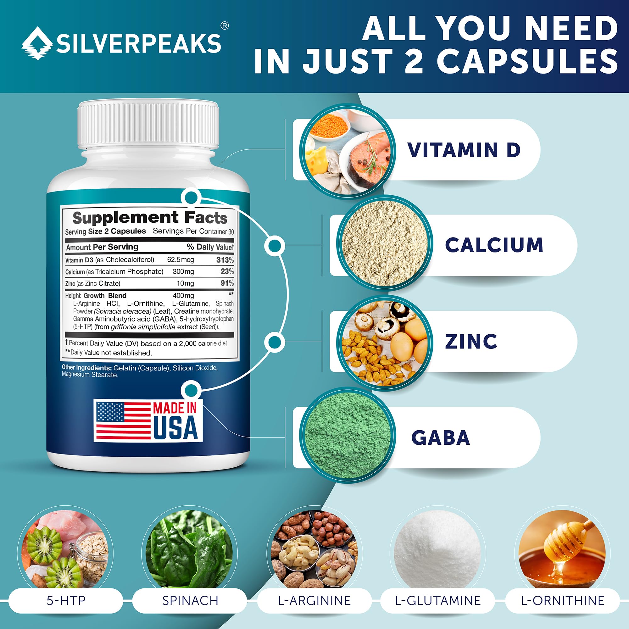 Front view of SILVERPEAKS Growth Capsules bottle