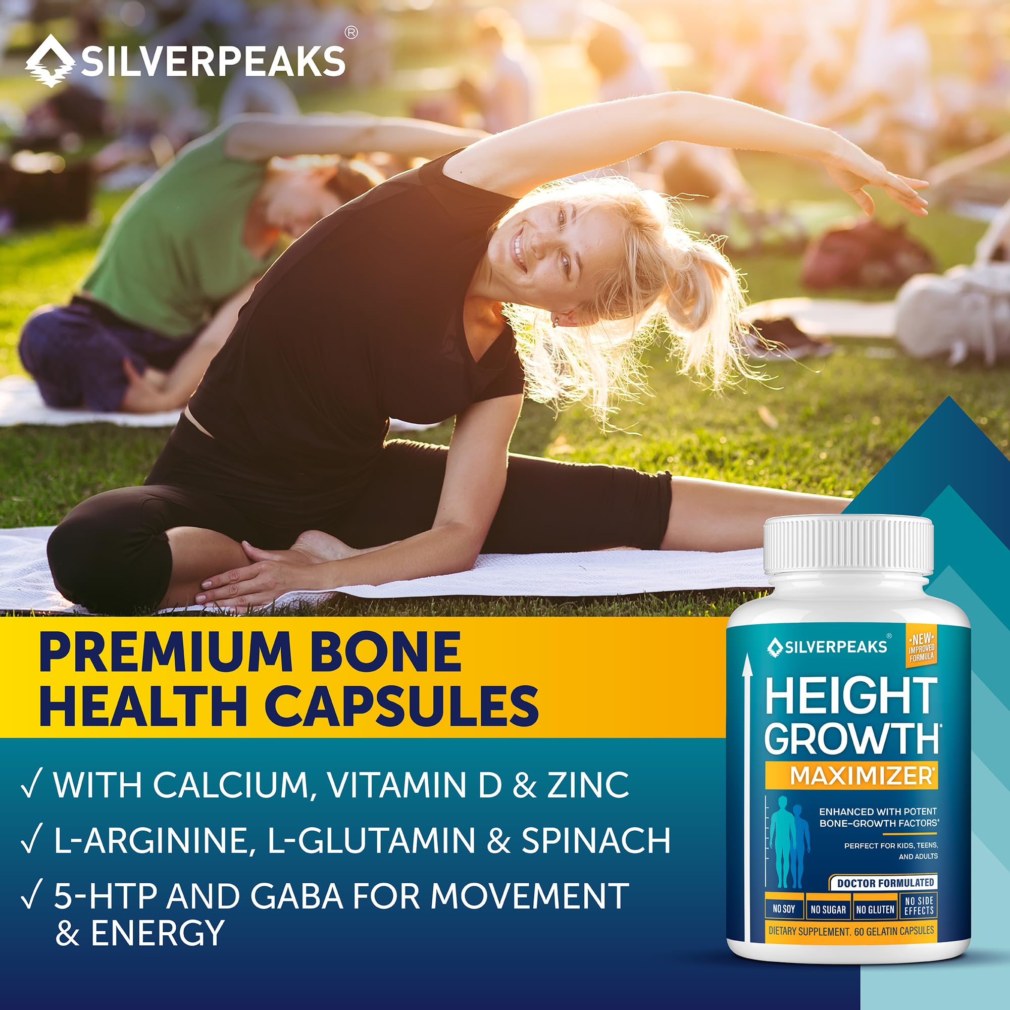 Ingredients list and packaging overview for SILVERPEAKS Growth Capsules