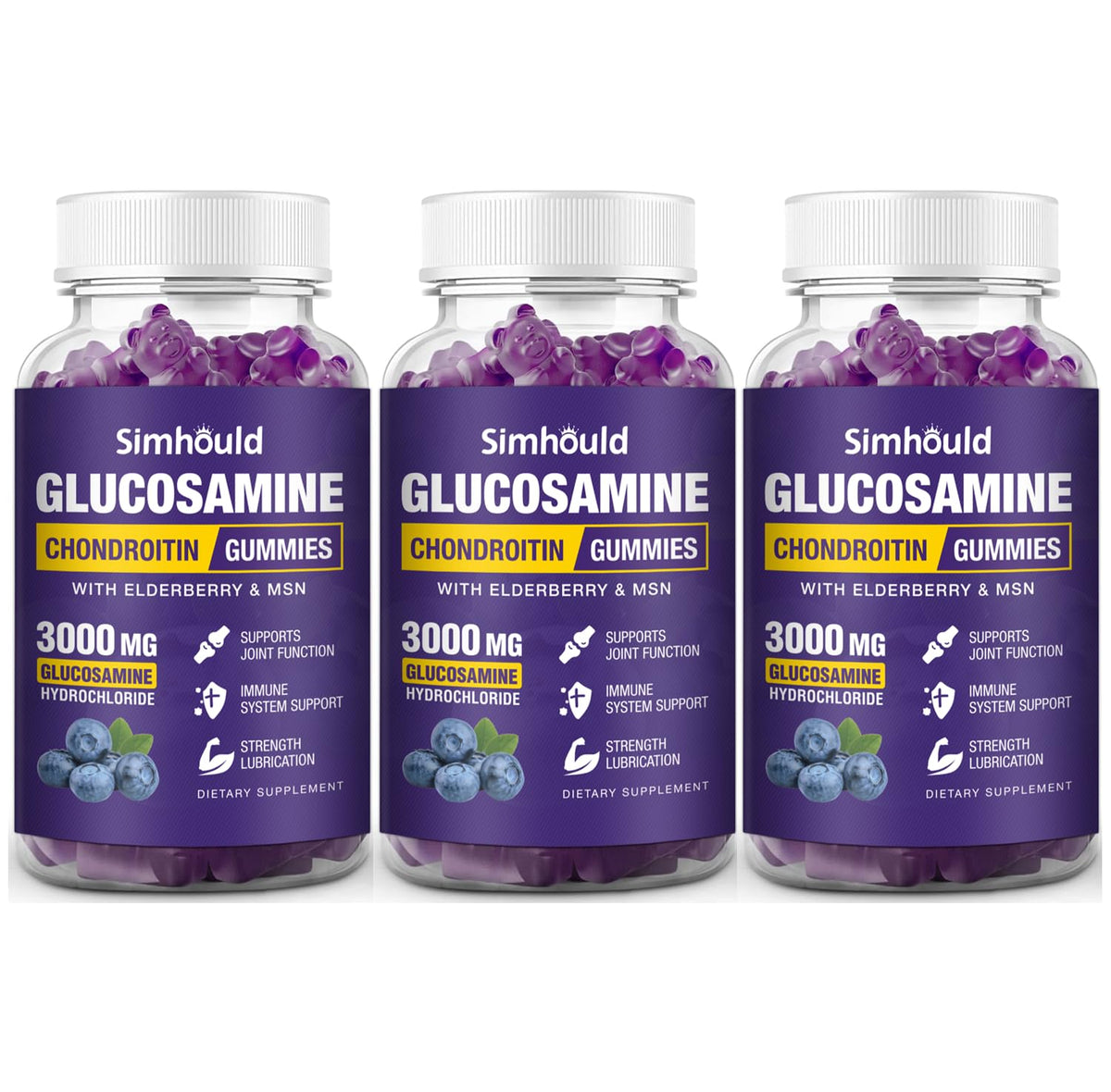 Front view of Simhould 3 Packs Glucosamine Chondroitin Gummies bottle