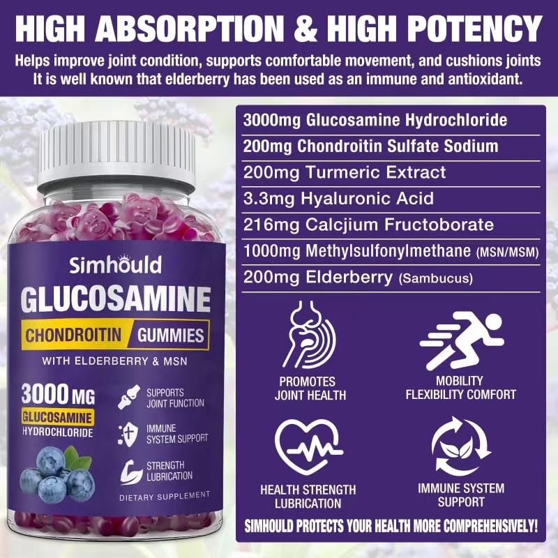 Nutrition label showing 3000mg glucosamine, 1000mg MSM, 200mg chondroitin