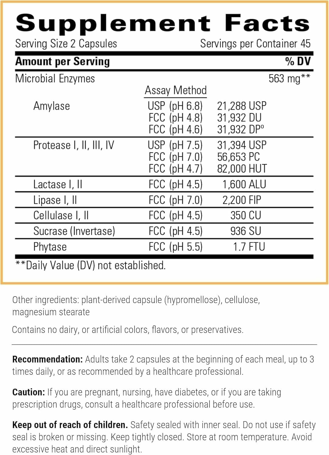 Back label showing Similase ingredients and enzymes