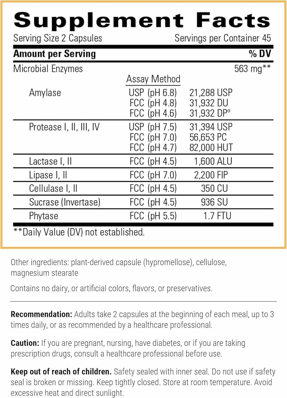 Back label showing Similase ingredients and enzymes