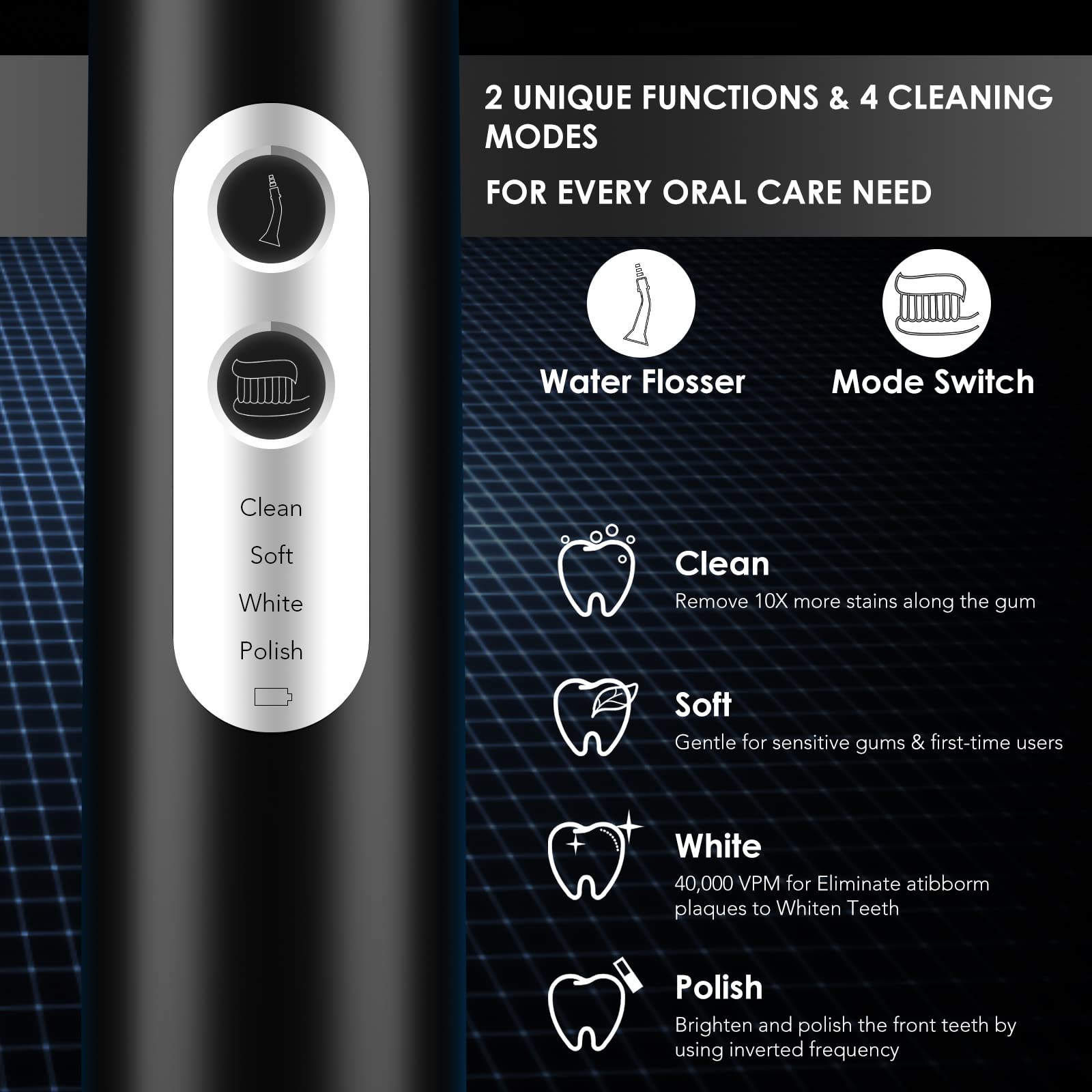 Close-up of water flosser nozzle attached to the toothbrush in use
