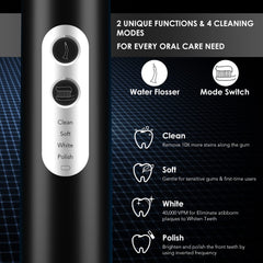 Close-up of water flosser nozzle attached to the toothbrush in use