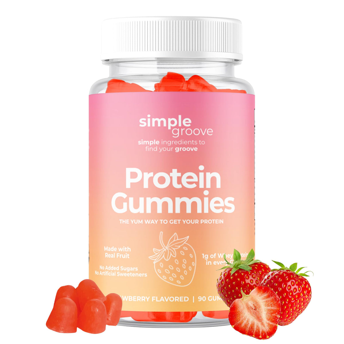 Simple Groove Protein Gummies bottle front Mango & Strawberry flavor, 90 count