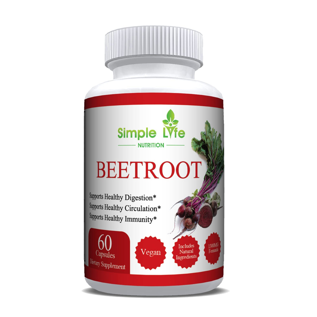 Simple Life Nutrition beet root capsules bottle label for daily wellness boost