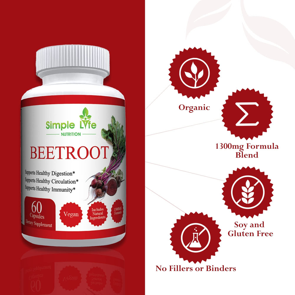 Simple Life Nutrition beet root capsules closeup highlighting organic vegan formula