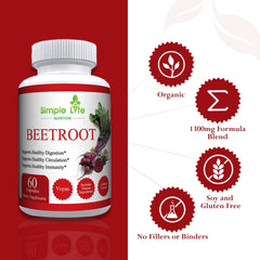 Simple Life Nutrition beet root capsules closeup highlighting organic vegan formula