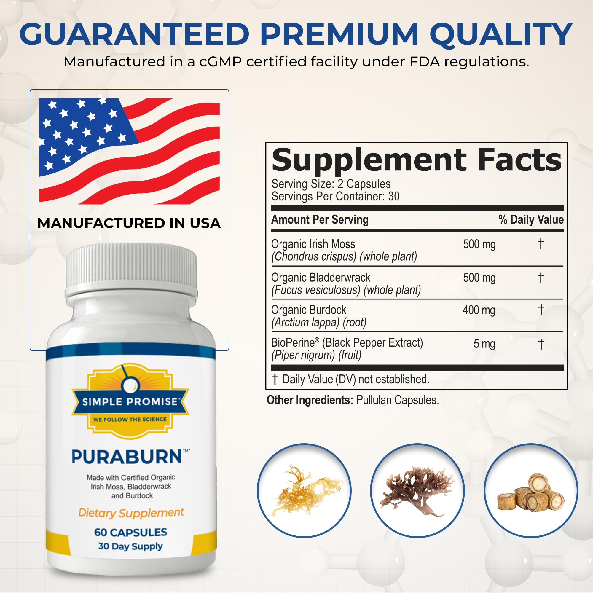 Simple Promise PuraBurn capsules close-up showing herbal blend for nutrient absorption.