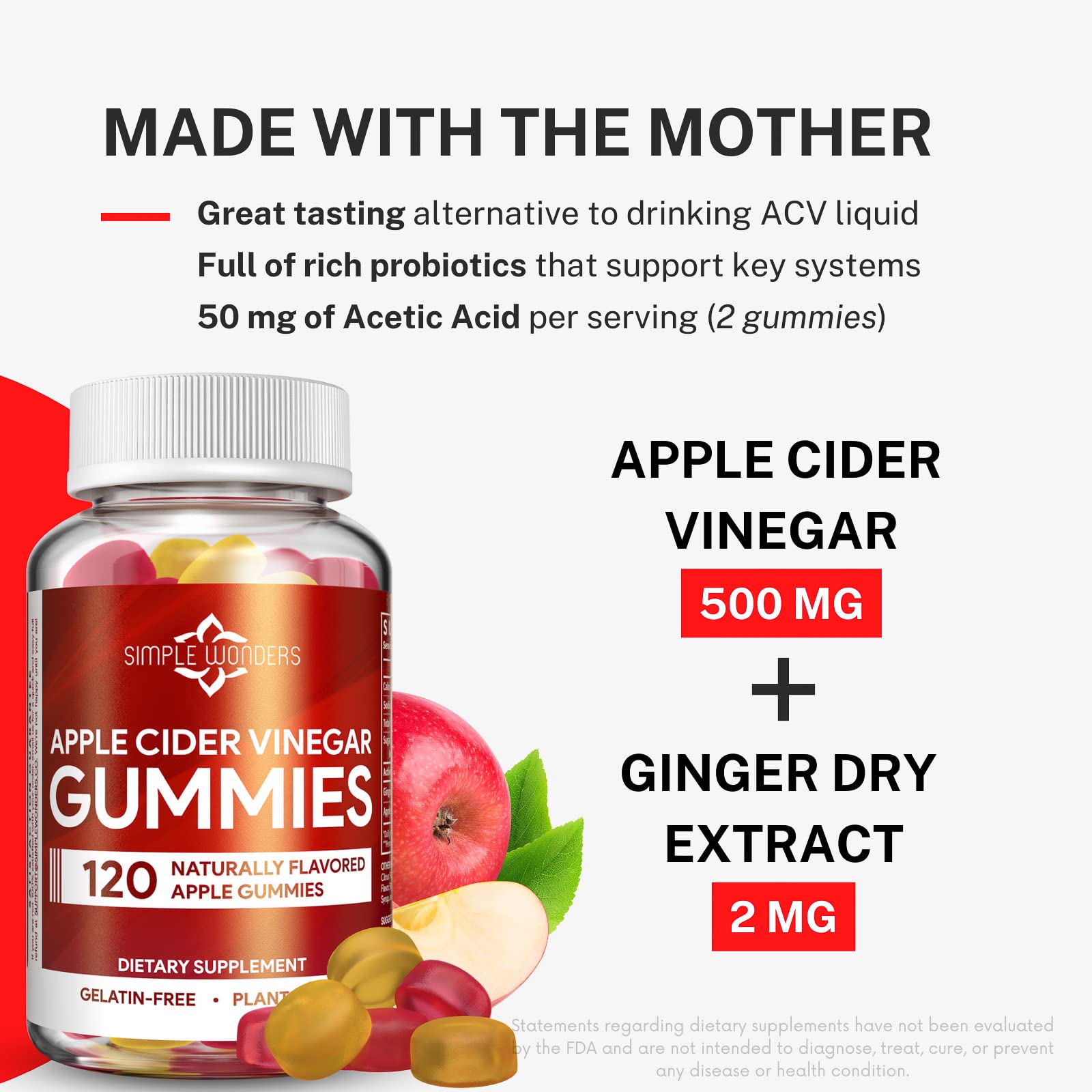 SIMPLE WONDERS ACV gummies packaging shows gluten-free, non-GMO, vegetarian-friendly promise.