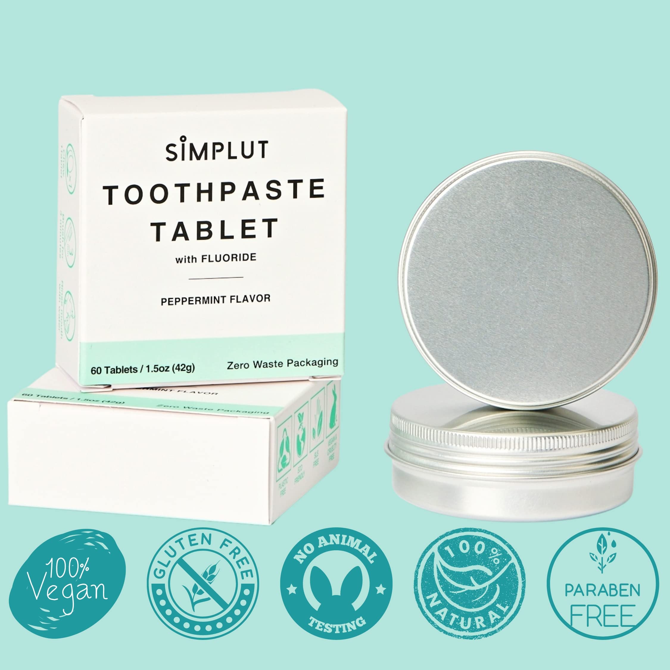Close-up of SIMPLUT toothpaste tablets in foil packaging