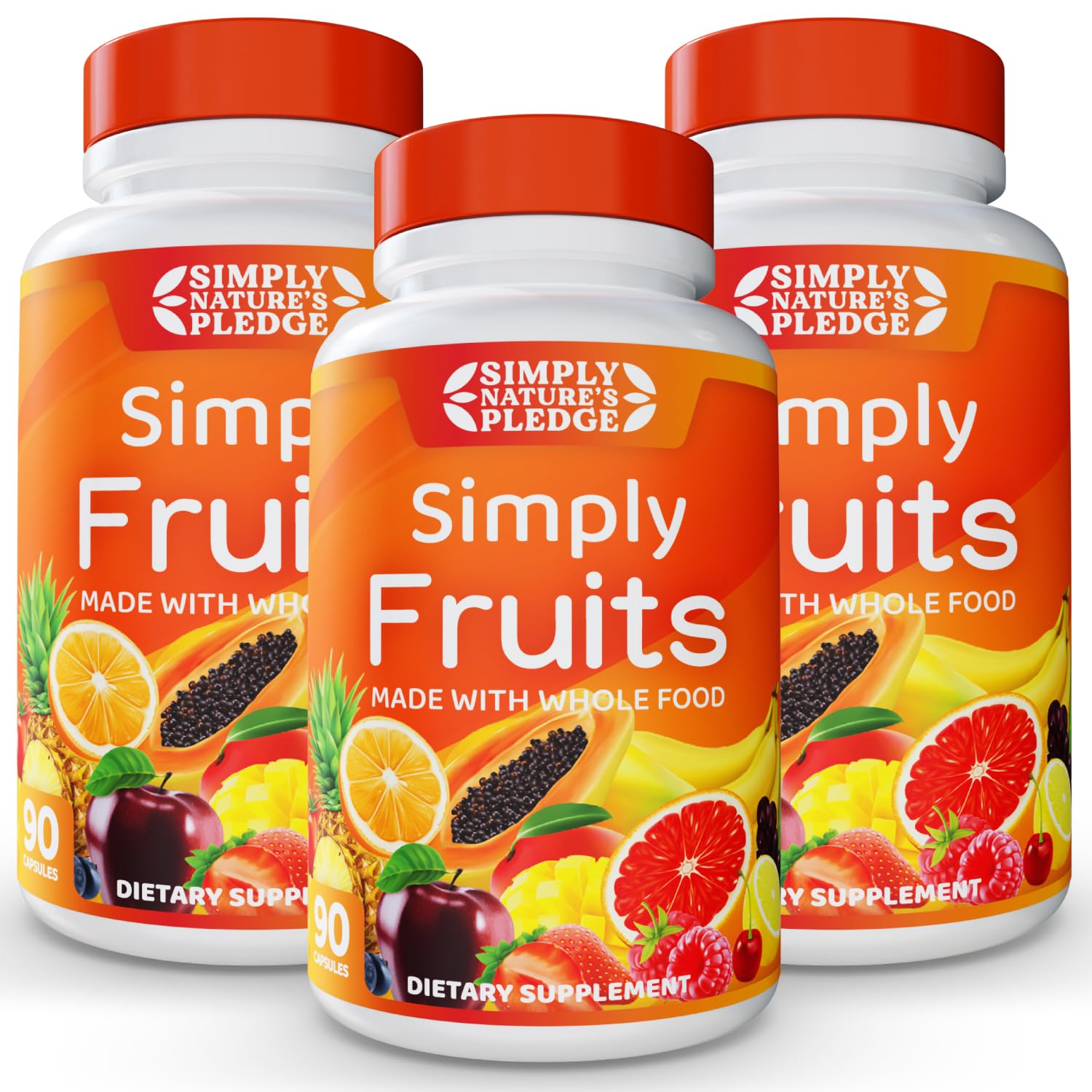 Front view of Simply Nature's Pledge 90 Fruit Capsules Pack of 3