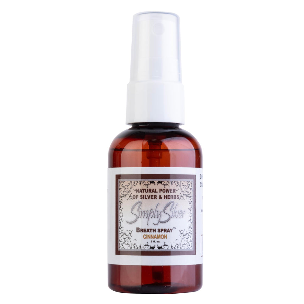 Front view of the Simply Silver Cinnamon Breath Spray bottle (2 fl oz).