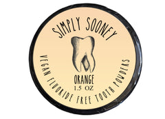 Simply Sooney remineralizing orange tooth powder in 1.5 oz BPA-free jar