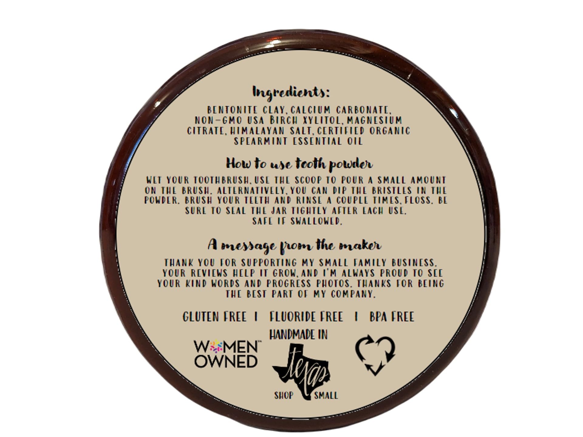 Handcrafted small-batch vegan tooth powder in BPA-free amber jar
