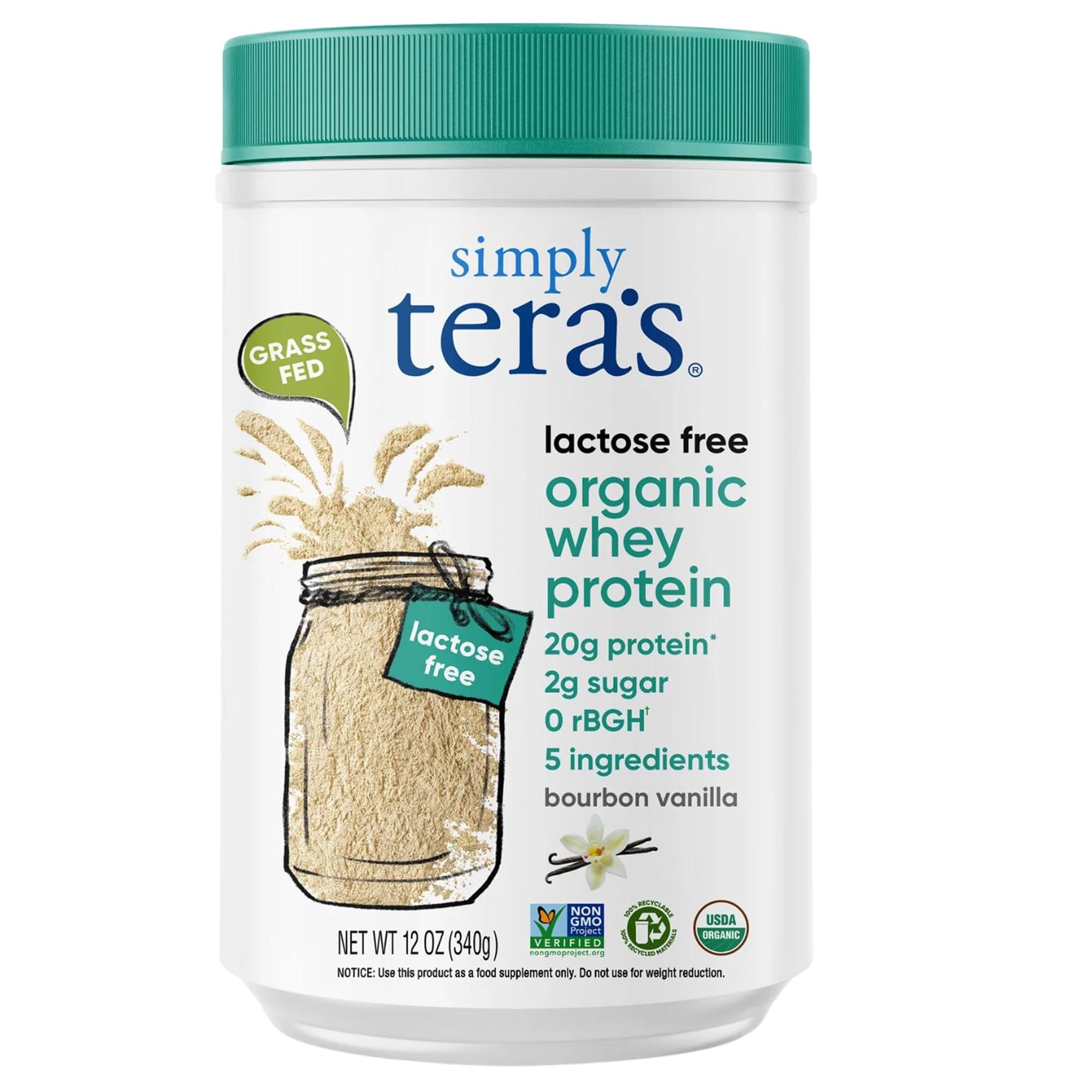 Simply tera's lactose-free whey powder vanilla tub shows creamy protein for daily use