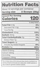 Organic whey protein powder scoop over tub