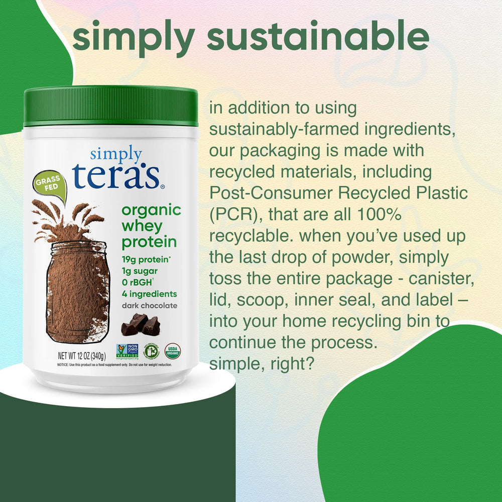 Simply tera's Organic Whey shows gluten-free and non-GMO labeling for clean nutrition