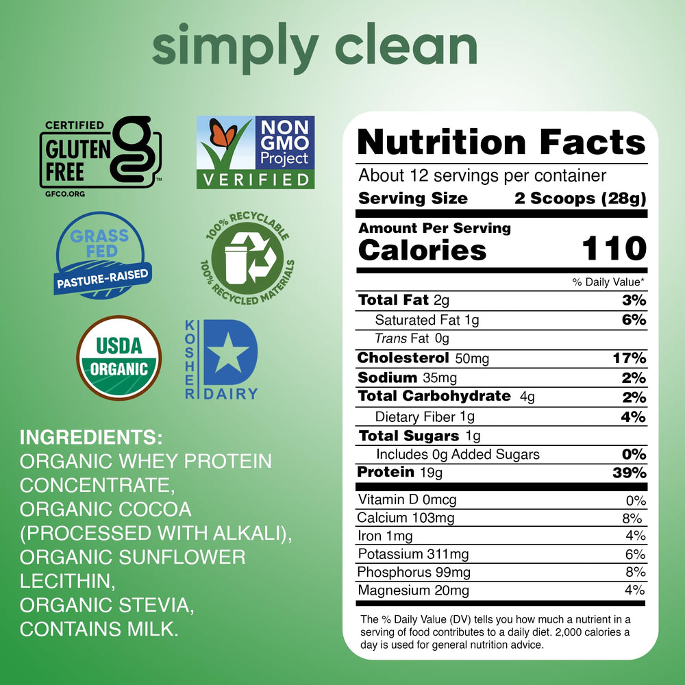 Product packaging for Simply Tera's Organic Whey Protein Powder (Dark Chocolate, 12 oz)