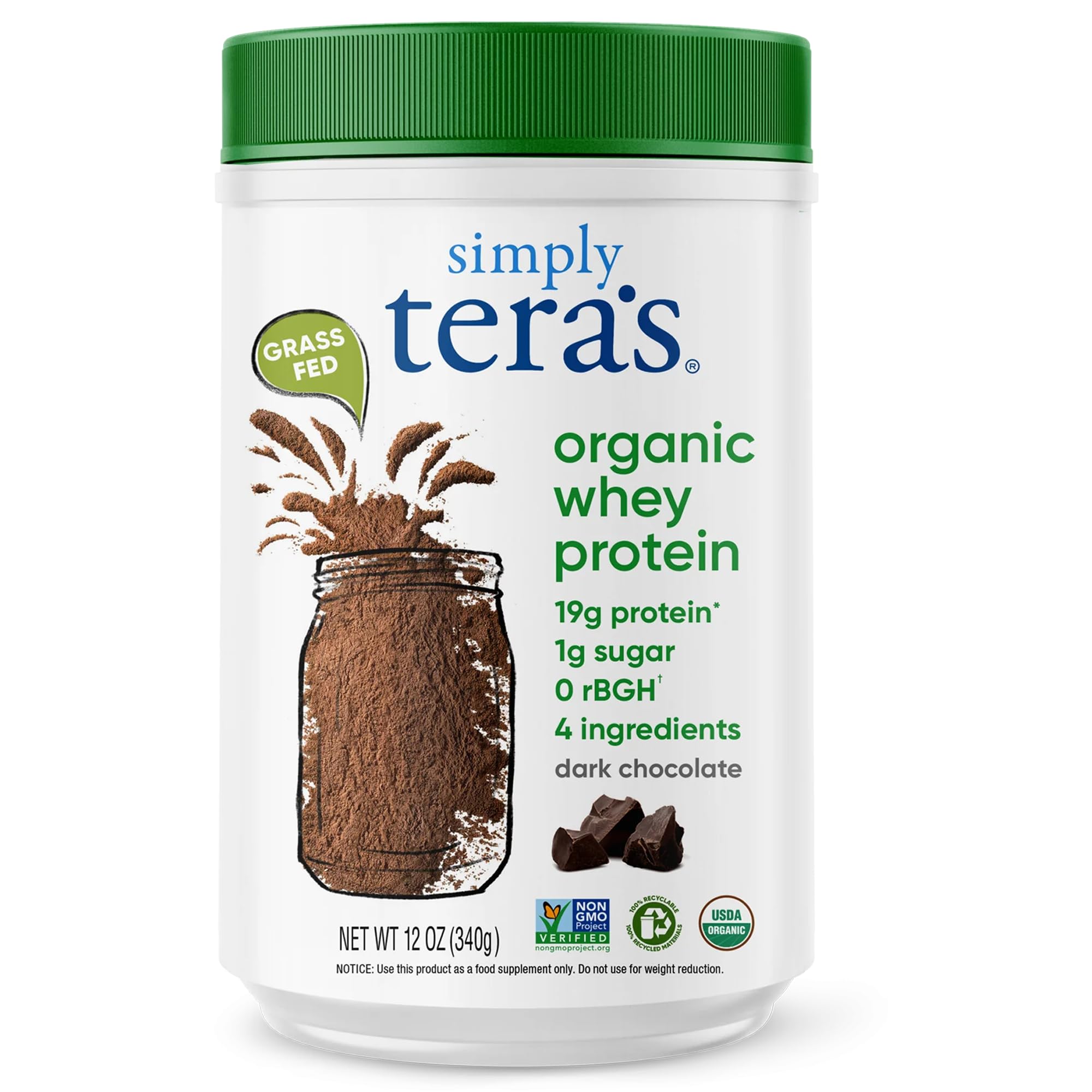 Simply Tera's whey protein dark chocolate bottle side view shows a clean-label four-ingredient formula for post-workout fueling.