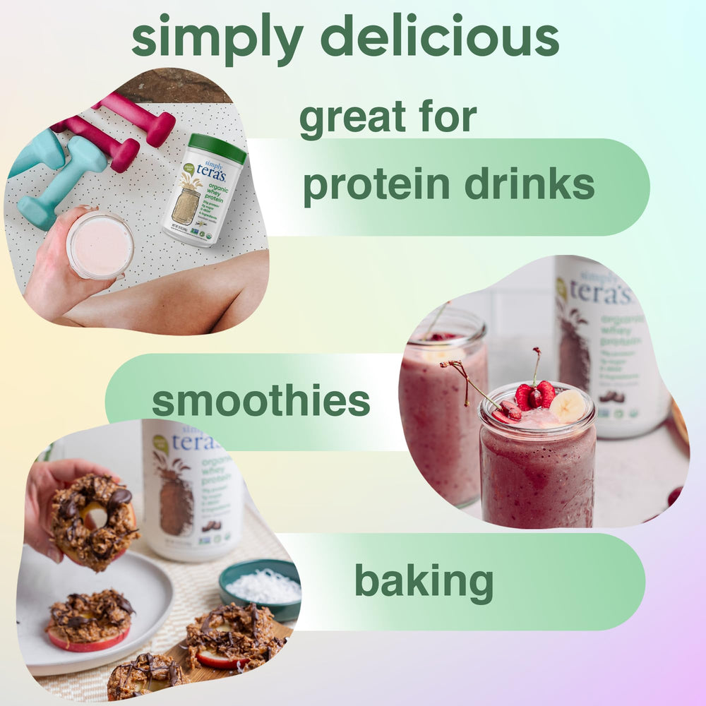 Simply Tera's dark chocolate whey protein jar showcases gluten-free, organic grass-fed goodness.