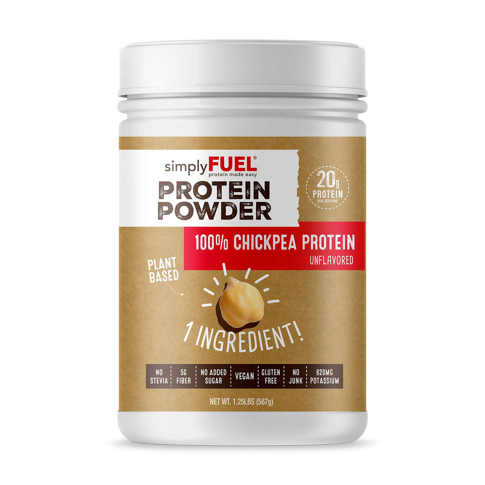 SimplyFUEL chickpea protein powder container illustrating organic, plant-based protein for workouts.