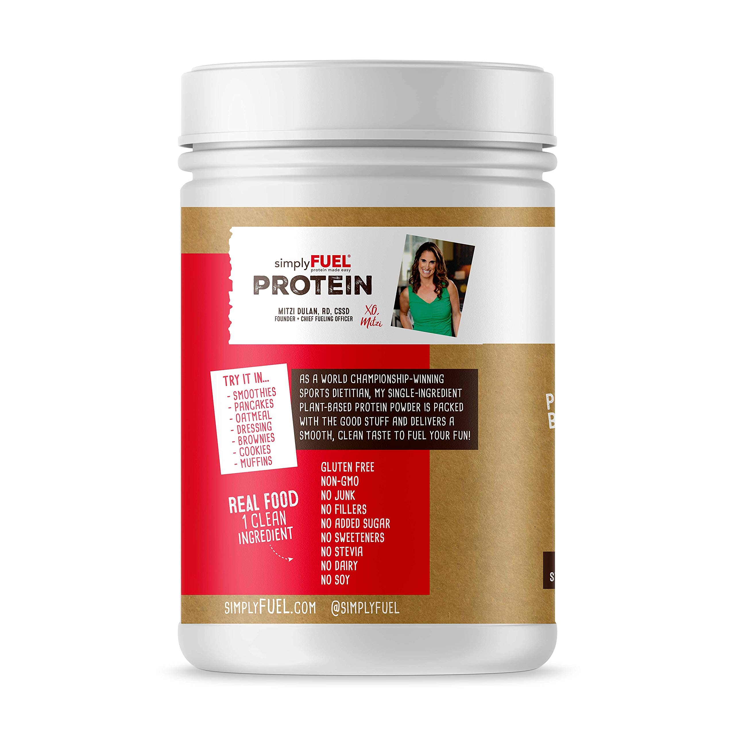 SimplyFUEL chickpea protein powder container with no sugar added label.