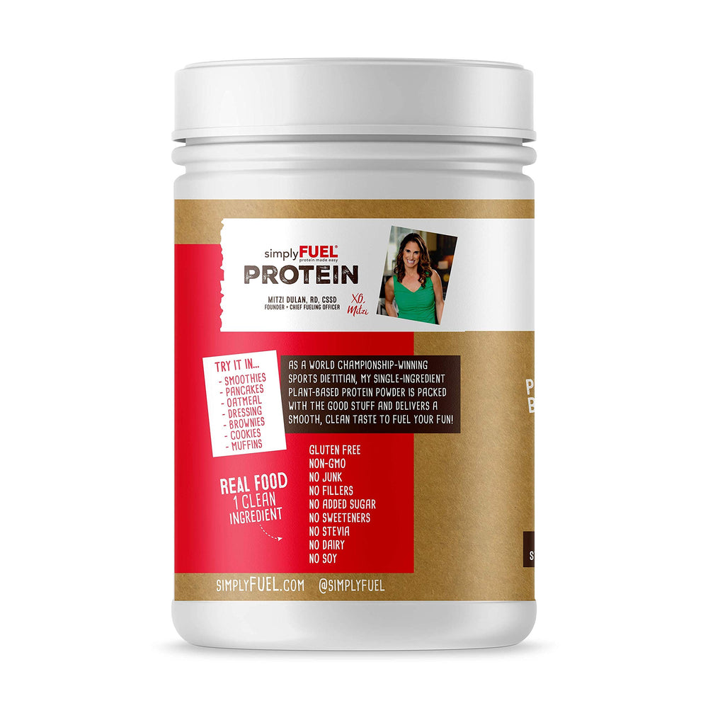 SimplyFUEL chickpea protein powder container with no sugar added label.