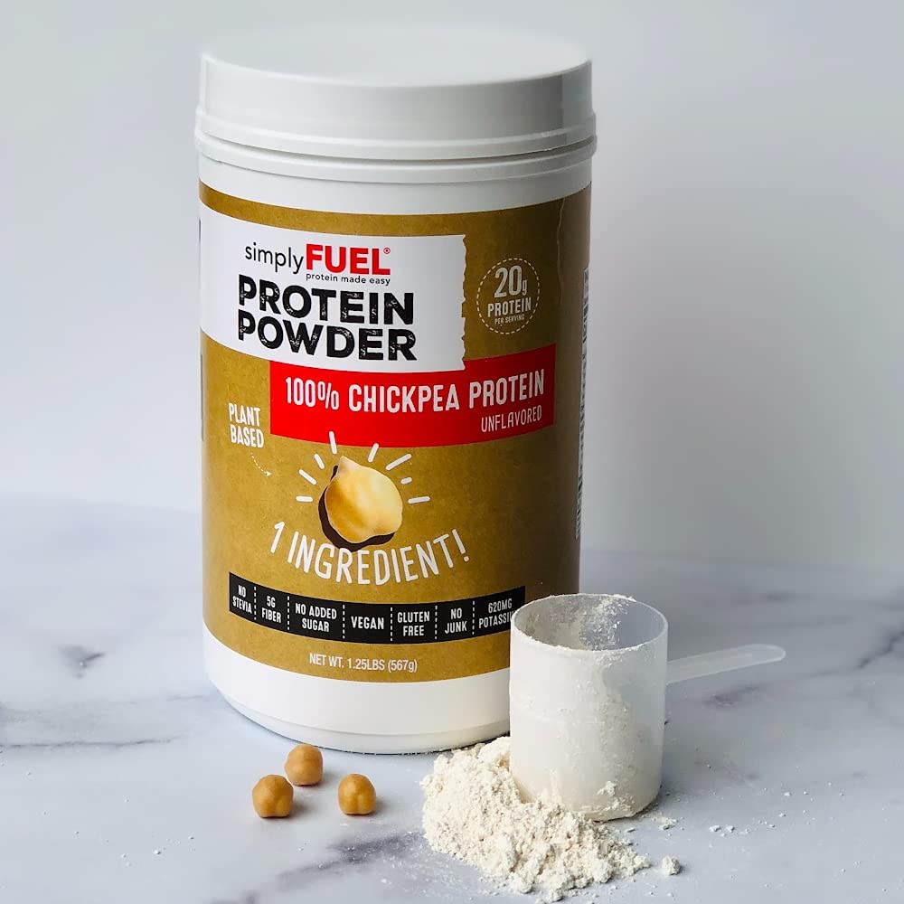 SimplyFUEL chickpea protein powder scoop ready for shakes and baking.