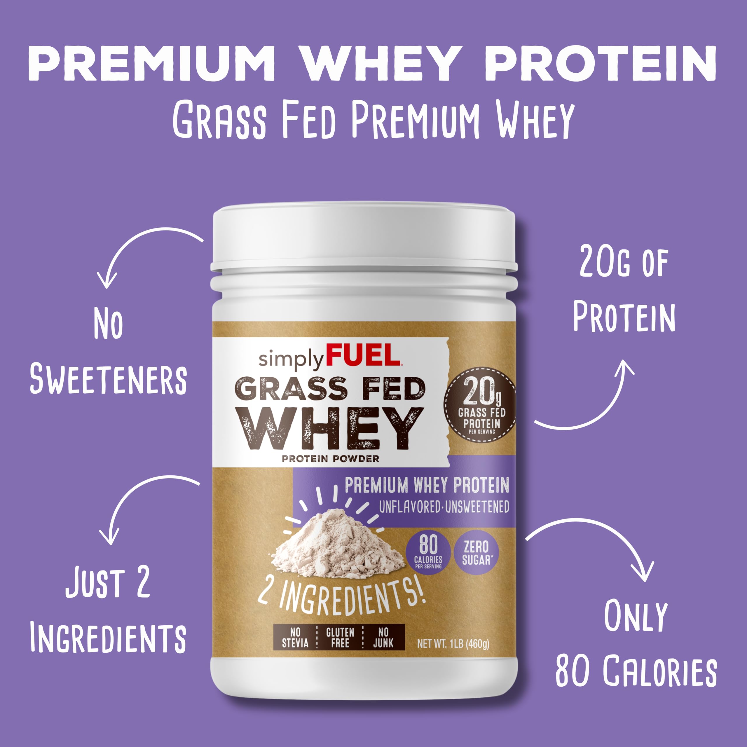 simplyFUEL whey protein scoop—precise 20 g protein per serving for convenient fueling.