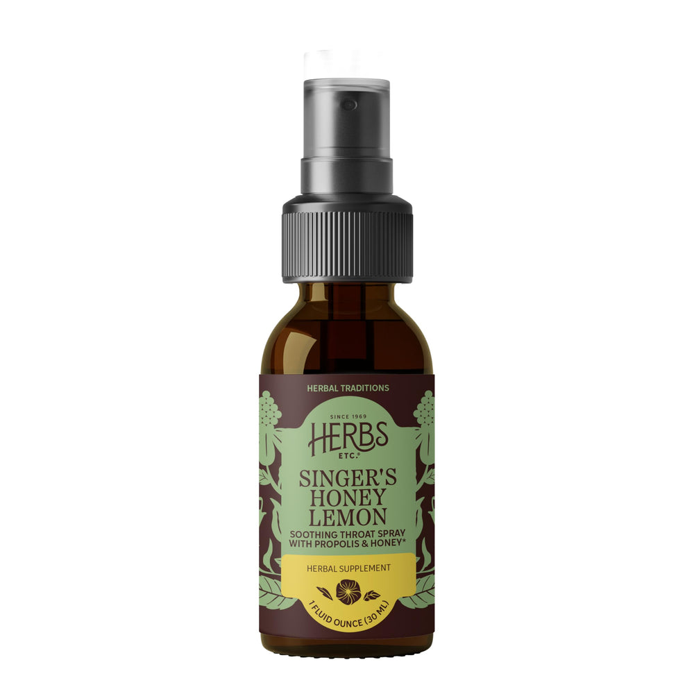 Front view of Herbs Etc. Singer's Saving Grace Honey Lemon throat spray bottle