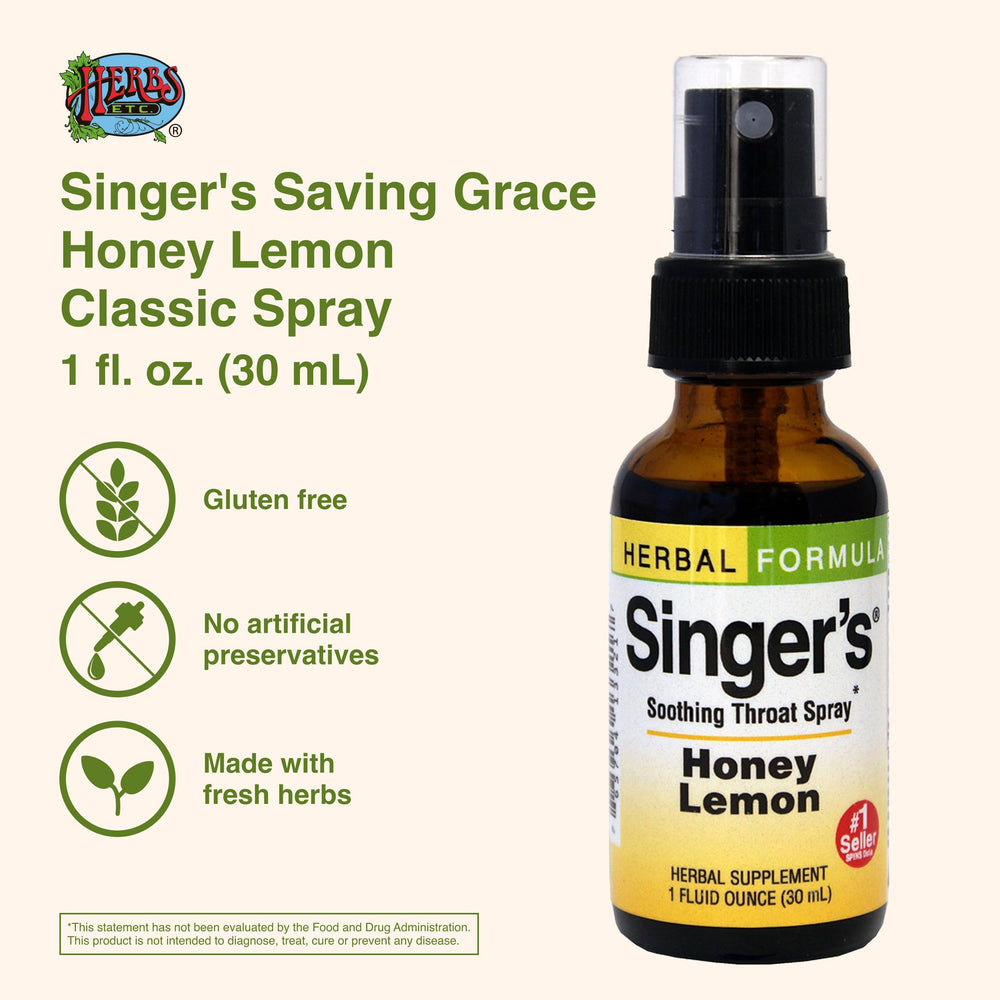 Close-up of bottle label for Singer's Saving Grace Honey Lemon throat spray