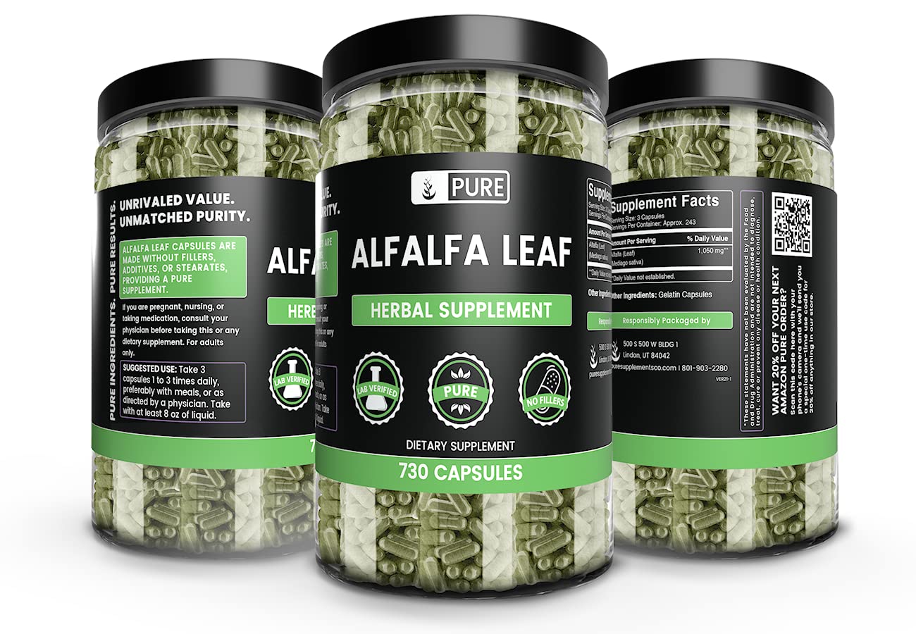 Close-up of single-ingredient alfalfa leaf capsules