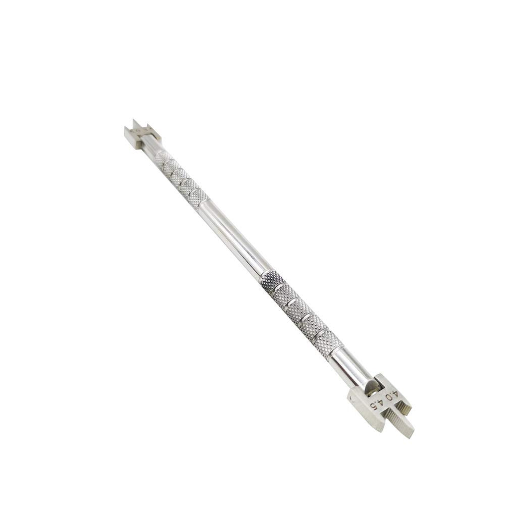 Compact stainless steel orthodontic gauge on a white background