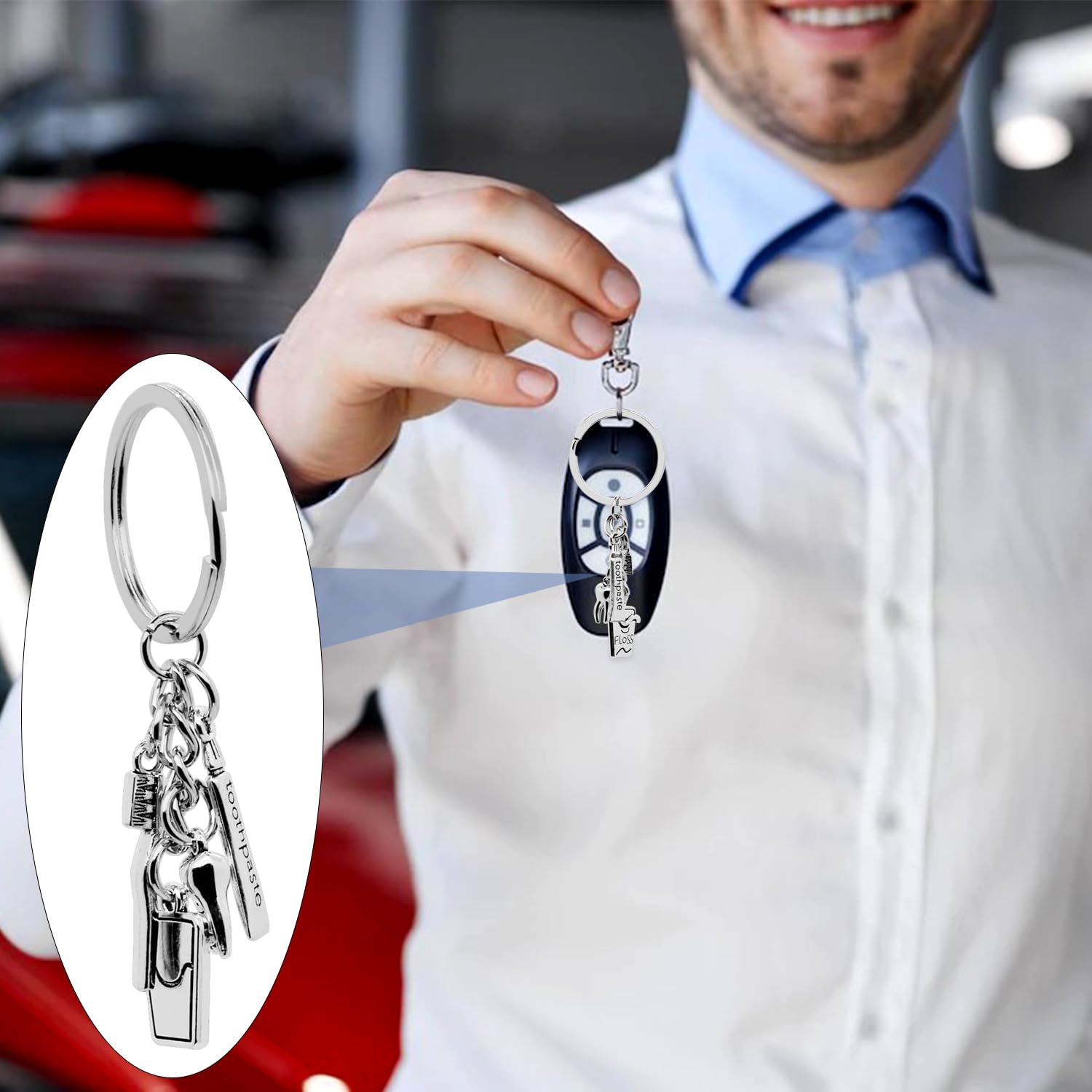 Close-up of toothbrush and toothpaste charm on keyring