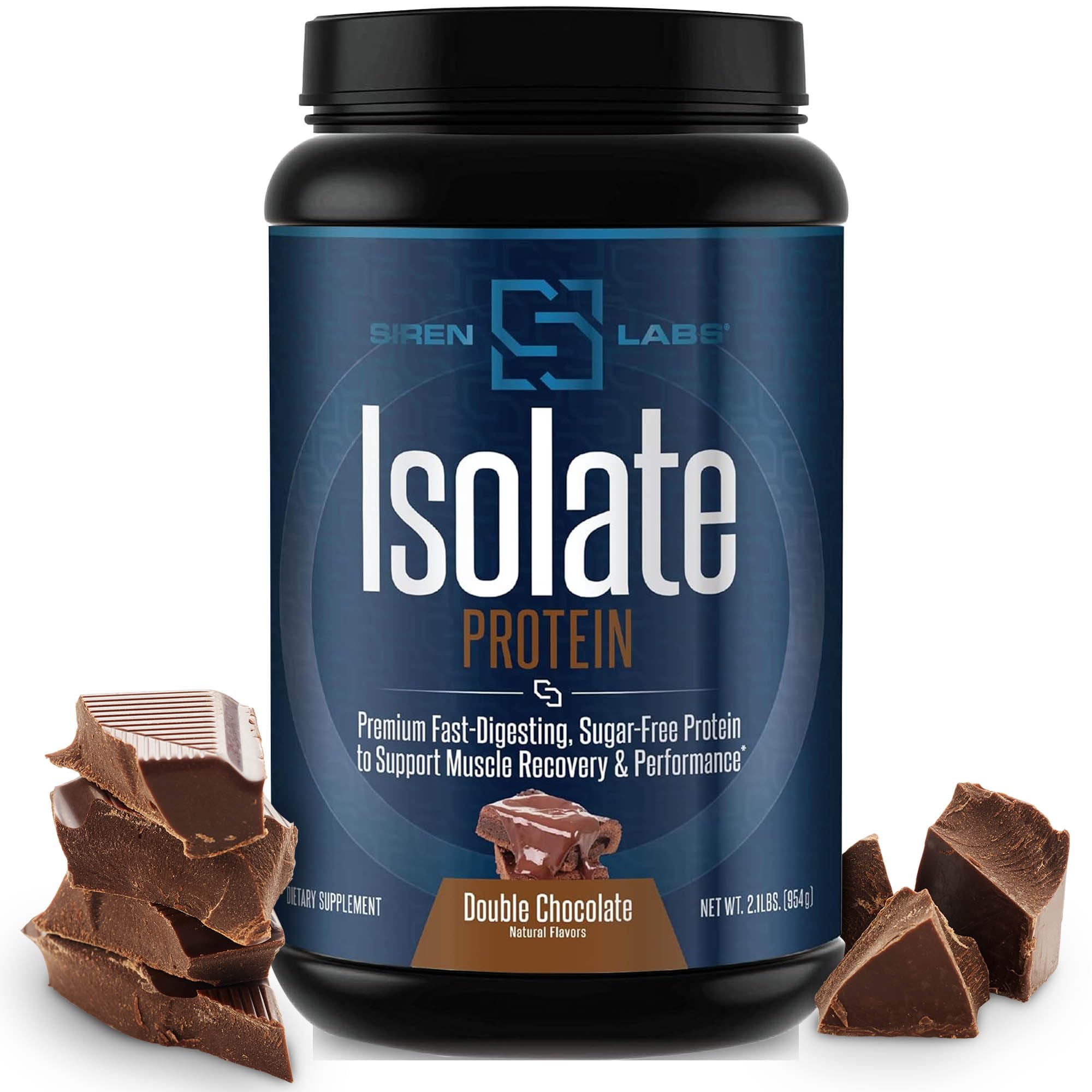 Front of SIRENLABS Isolate Premium Whey Protein Decadent Chocolate packaging (30 servings)