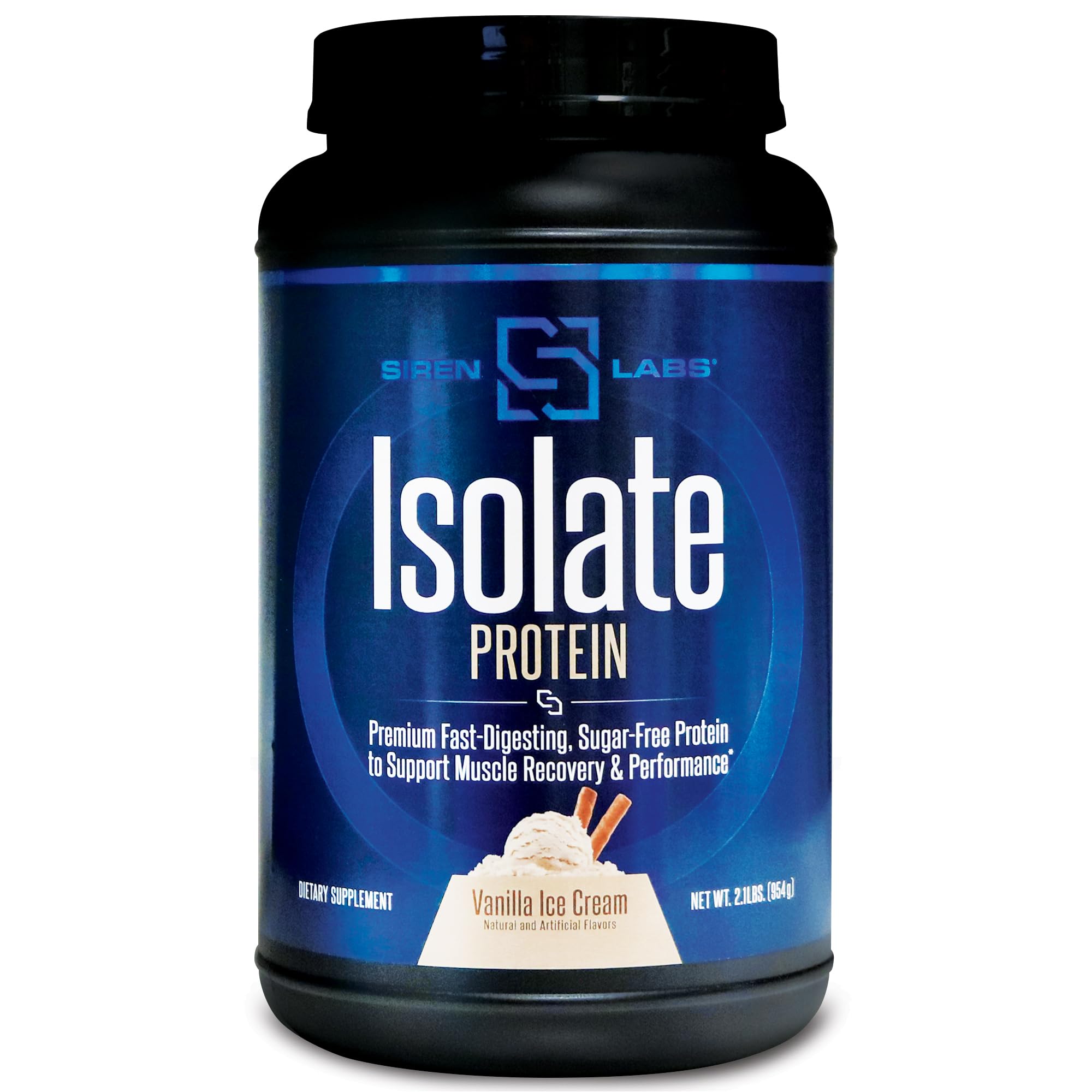 SIRENLABS Isolate Vanilla Ice Cream shake glass highlights keto friendly protein