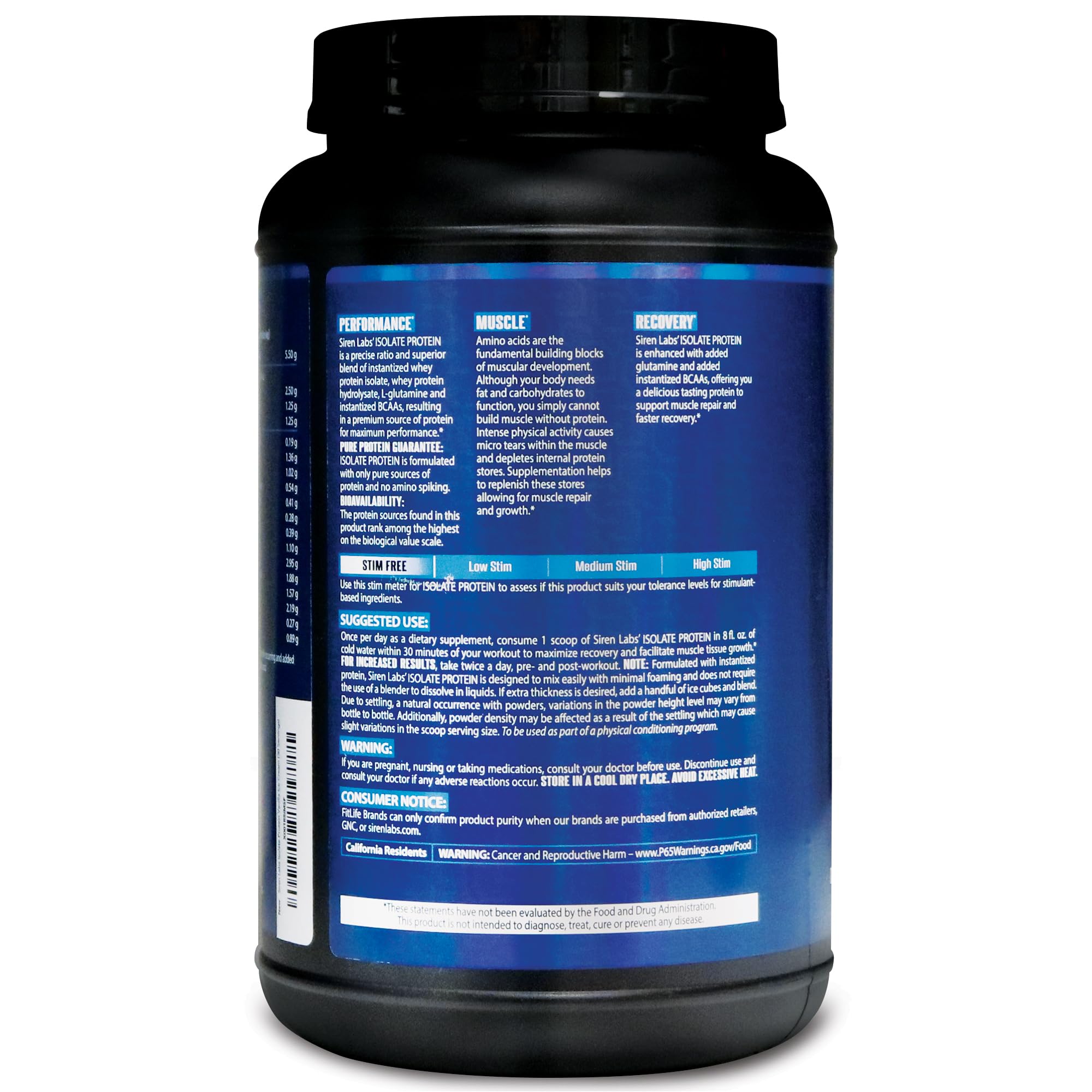 SIRENLABS Isolate Vanilla ingredients chart notes clean protein profile