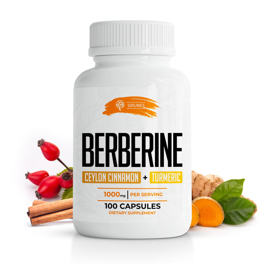 Front view of SIRUNES Berberine100 Capsules bottle with Ceylon Cinnamon and Turmeric