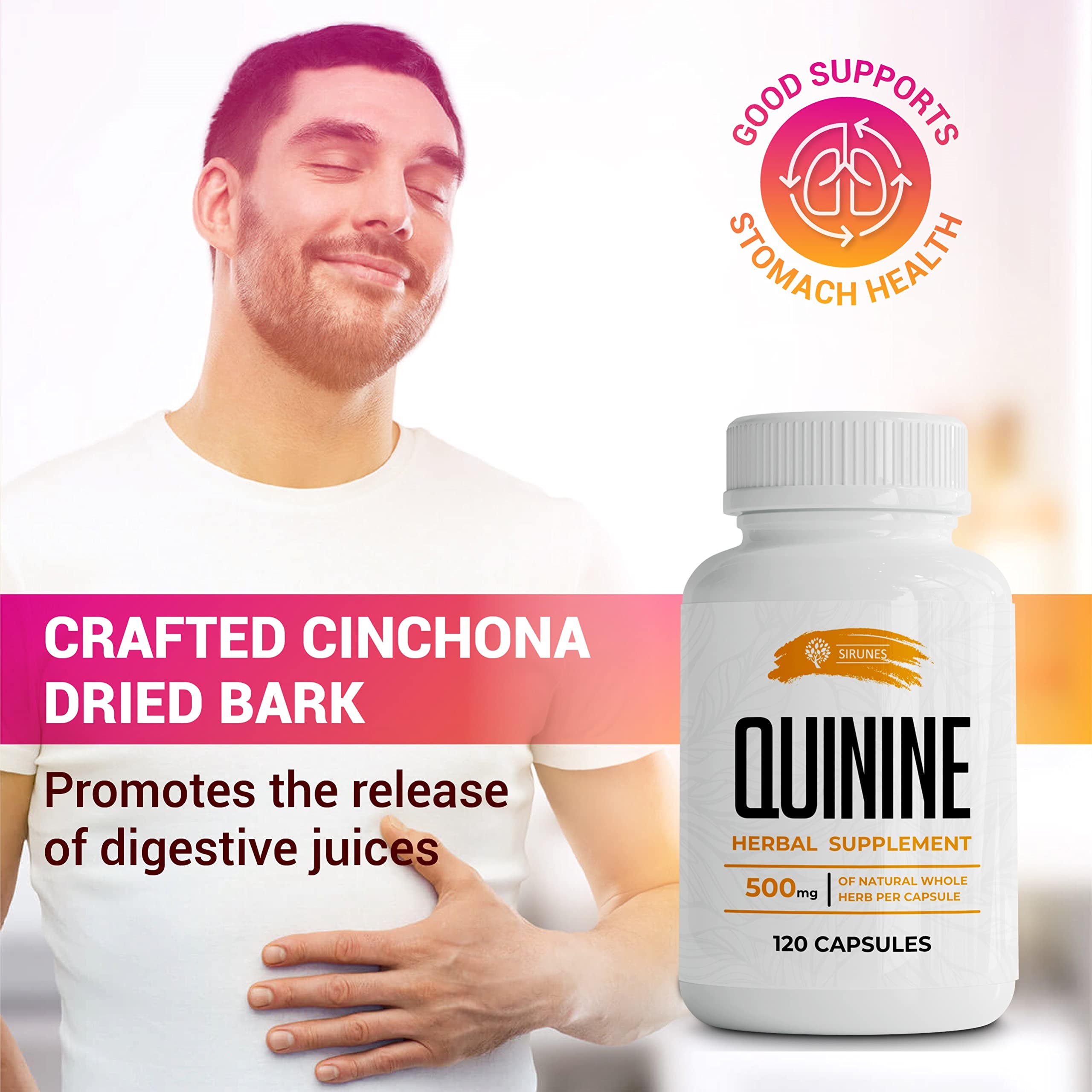 Digestive health support graphic with Quinine capsules