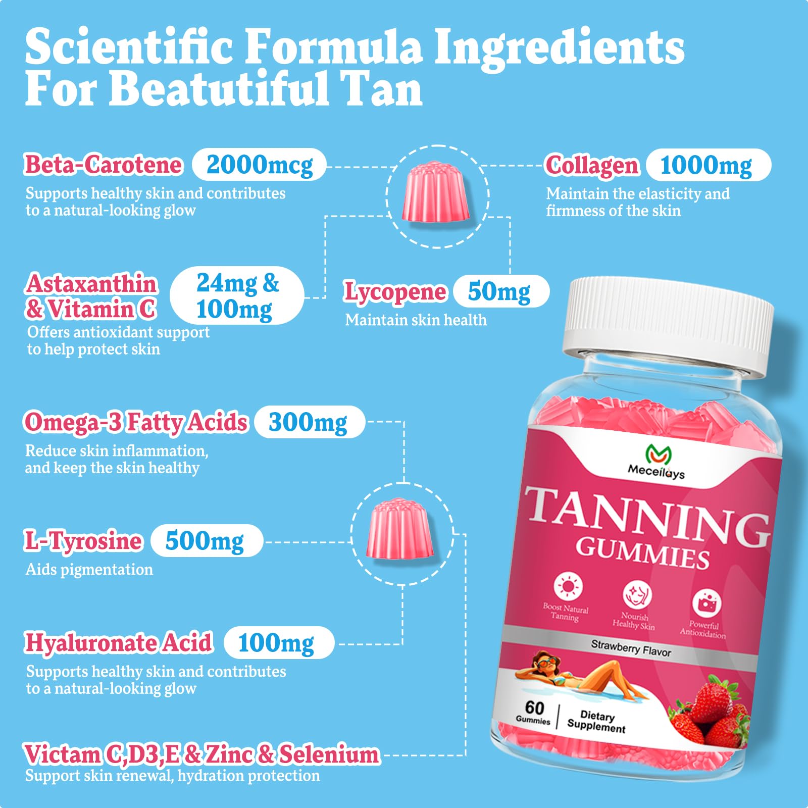 60-day supply: 120-count bottle of strawberry tanning gummies
