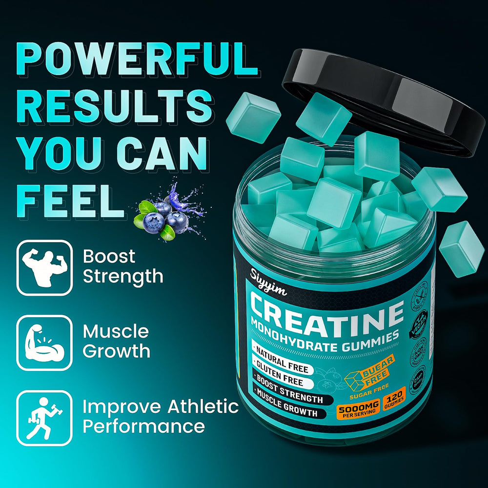 Close-up of blueberry-flavored creatine gummies showing 4 gummies per serving